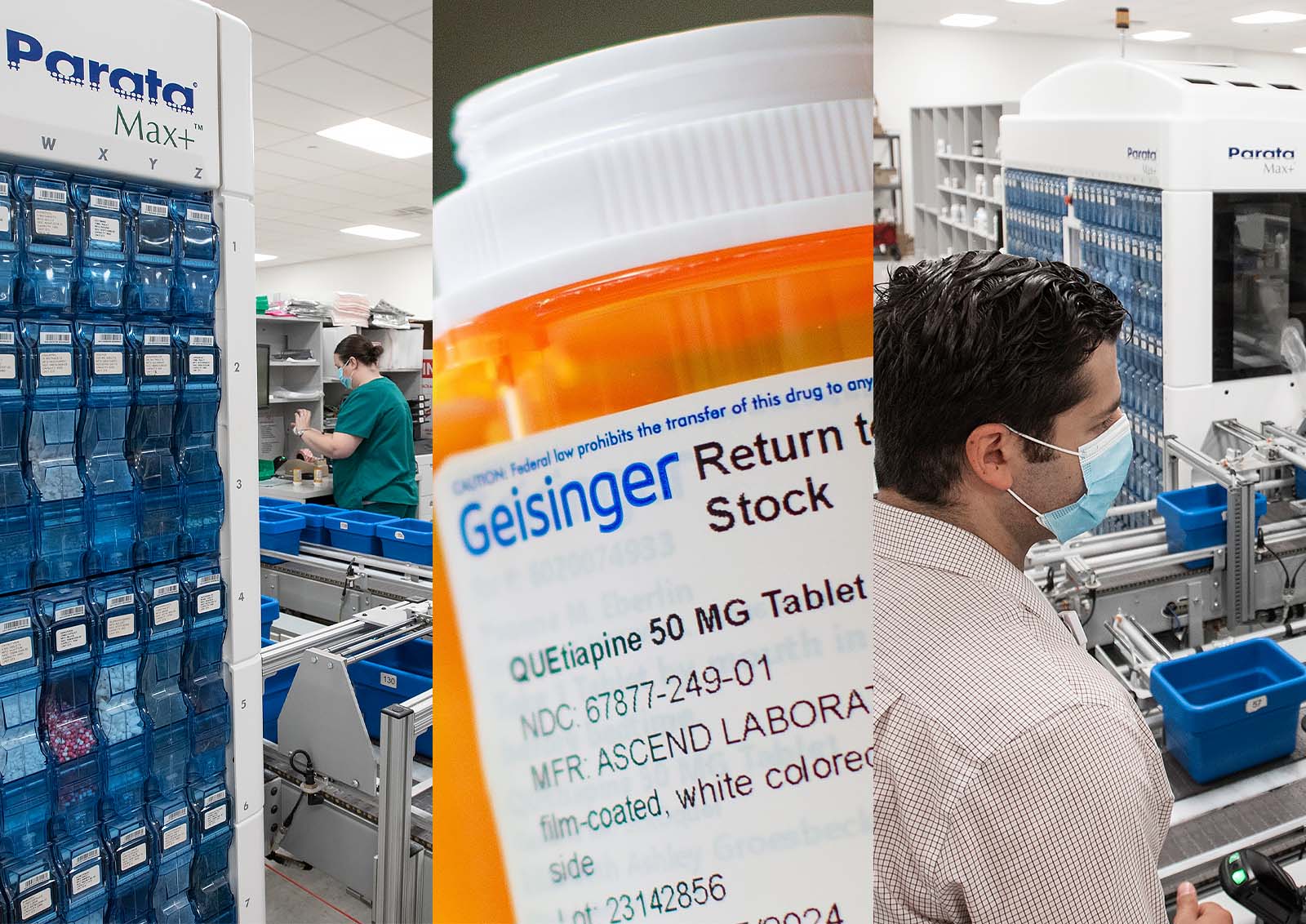 Geisinger mail-order pharmacy automation system with prescription medication bottles and robotic dispensing technology.