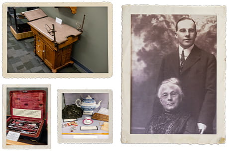 Oak exam table (circa 1900); portrait of Abigail Geisinger with Harold Foss, MD; teapot and other items that belonged to Abigail Geisinger; late 17th-century neurosurgical instrument kit.